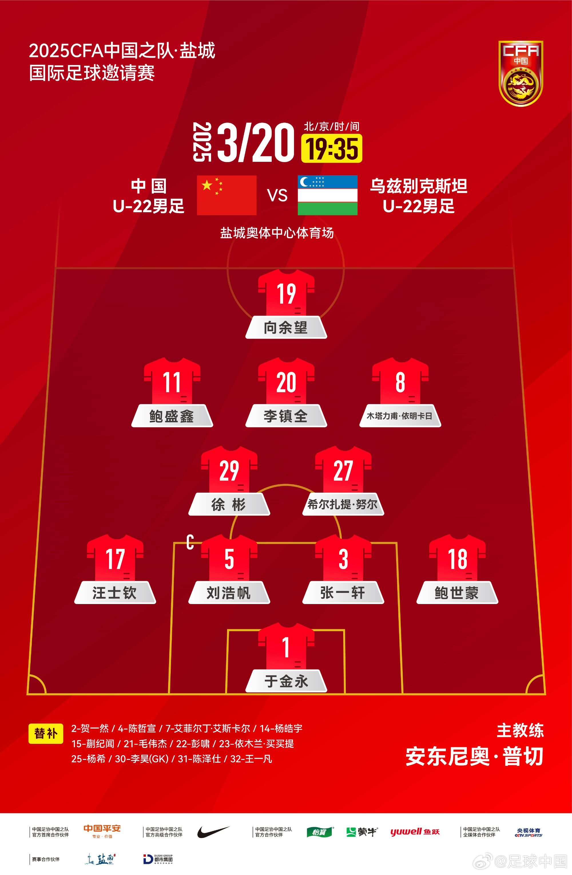 中國U-22男足VS烏茲別克斯坦U-22男足，中國隊首發(fā)名單出爐
